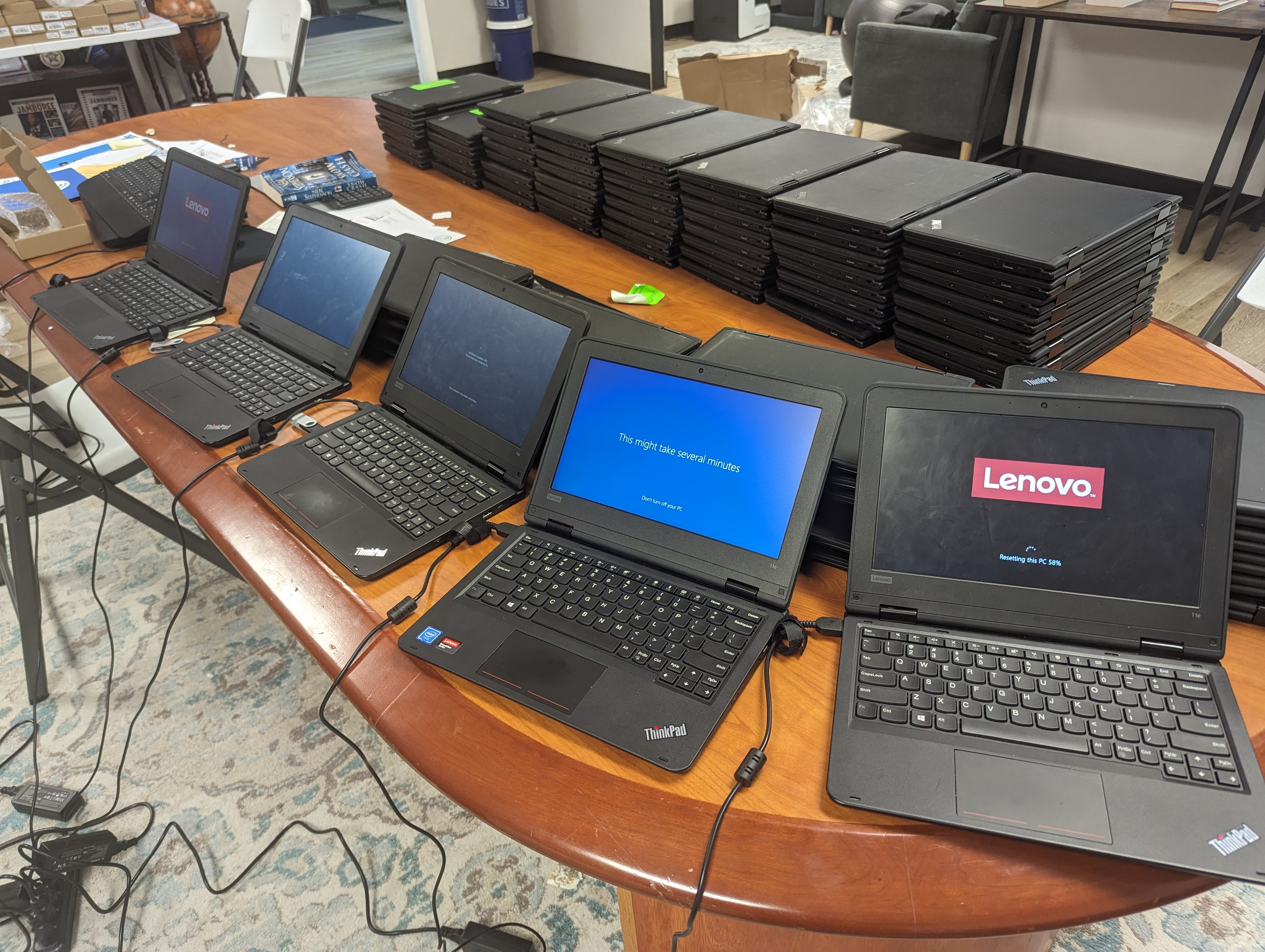 Laptop computers being prepared for donation and deployment